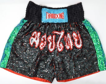 Luxury Muay Thai Knockout Sequin Boxing Shorts Unisex - Handmade one-of-a-kind (XL)