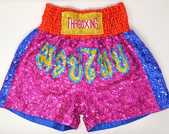 Luxury Muay Thai Knockout Sequin Boxing Shorts Unisex - Handmade one-of-a-kind (LARGE)