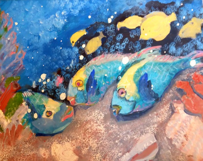 Original Canvas Painting: Colorful Parrot Fish Under the Sea Reef – Ready to Hang