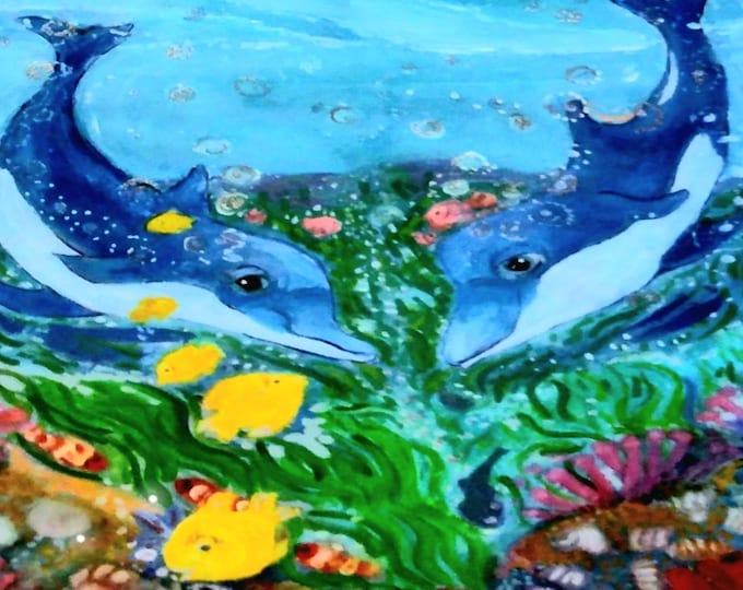 Playful Dolphins Underwater Scene Original Artwork (21 x 30 cm) – Framed Ready to Hang