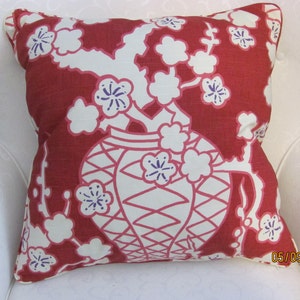 Braemore 20&quot; Red/White Ginger Jar Pillow Cover with Self Cording and Linen Backing