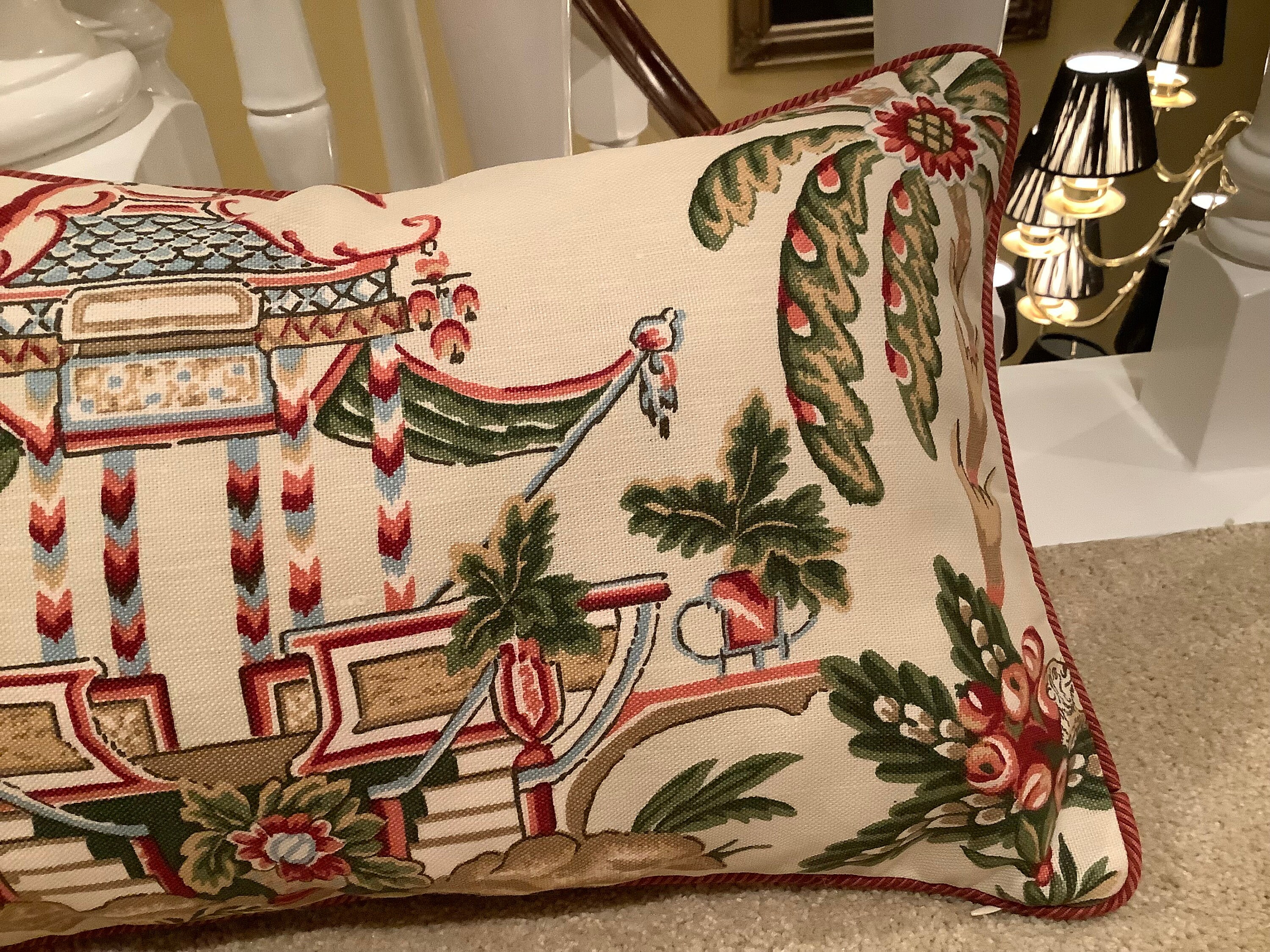 Thibaut tea House Linen Lumbar Pillow Cover With Cording and Thibaut