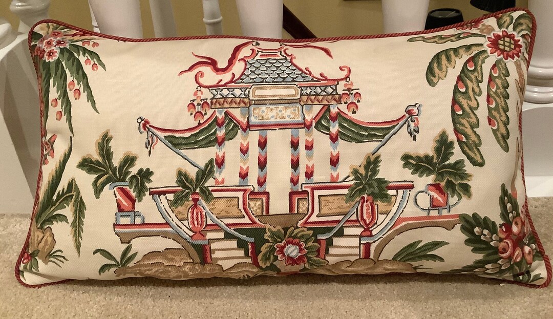 Thibaut tea House Linen Lumbar Pillow Cover With Cording and Thibaut