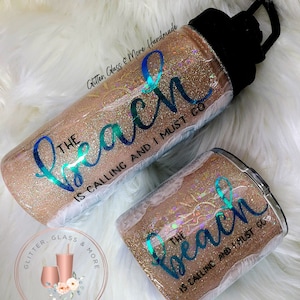 The Beach Is Calling Beach Theme | Vertical Ombre Beach Glitter Tumbler | Personalized Glitter Tumbler | Custom Gift Tumbler