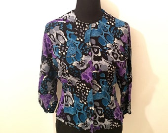 Vintage 80's abstract multicoloured ANIMAL PRINT blouse with batwing sleeves