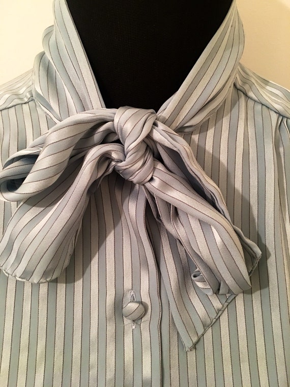 70's vintage pale blue stripe PUSSY BOW shirt - image 3