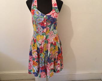 Vintage 80s bright floral dress with BACK CROSS STRAPs
