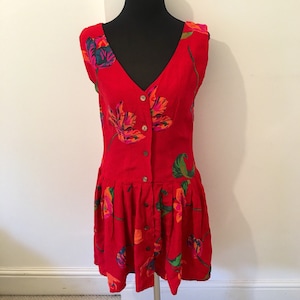 Vintage 80s bright RED FLORAL pattern dress