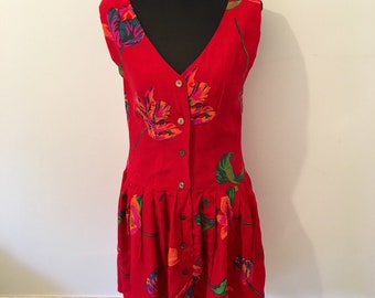 Vintage 80s bright RED FLORAL pattern dress
