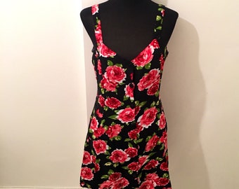 Reclaimed vintage 70s 80s black, red and pink ROSE PATTERN button up dress