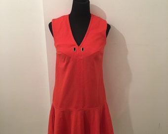 Red/orange 70s vintage SHORT dress with dropped lightly pleated skirt