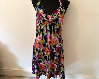 Vintage 70s 80s bright abstract floral HALTER dress