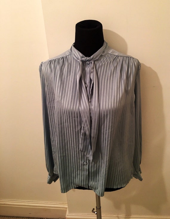 70's vintage pale blue stripe PUSSY BOW shirt - image 1