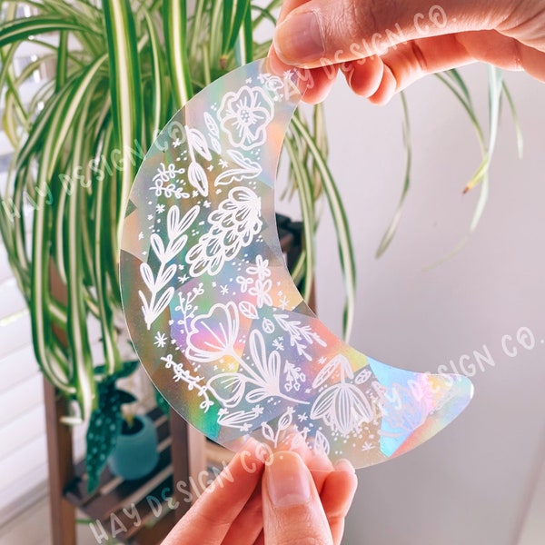 Floral Moon Suncatcher: Rainbow Prismatic Window Decal