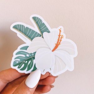 Weißer Hibiskus und tropische Blätter Aufkleber | Gestanzter Wasserflaschen-Aufkleber | Monstera Sticker