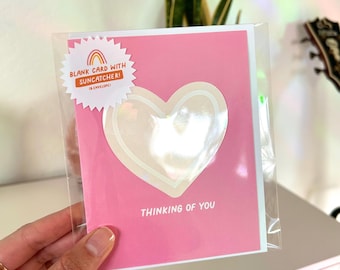 Thinking of You Card: Pink Heart Suncatcher Sticker, Blank Inside