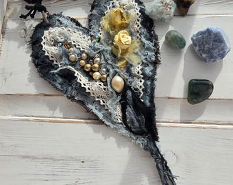 Fabric and vintage lace necklace. Decorated with beads and flowers. A gift for her