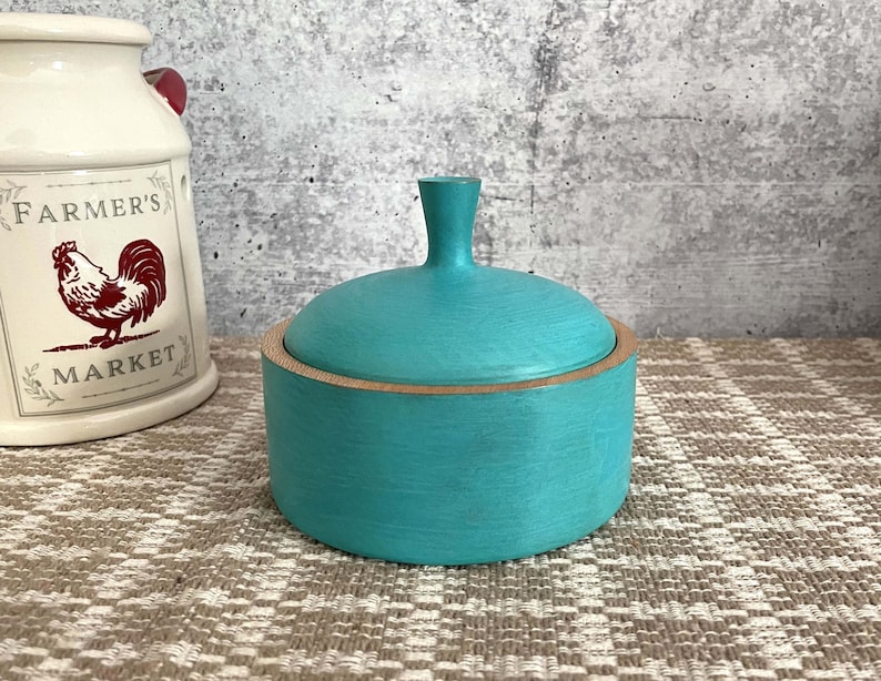 Turquoise Painted Sycamore Salt Crock/Salt Cellar/Salt Pig/Container/Lidded Bowl/Food Storage/Salt Keeper/Wood jar/Wood Bowl/Kitchen Gifts image 1
