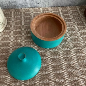 Turquoise Painted Sycamore Salt Crock/Salt Cellar/Salt Pig/Container/Lidded Bowl/Food Storage/Salt Keeper/Wood jar/Wood Bowl/Kitchen Gifts image 3