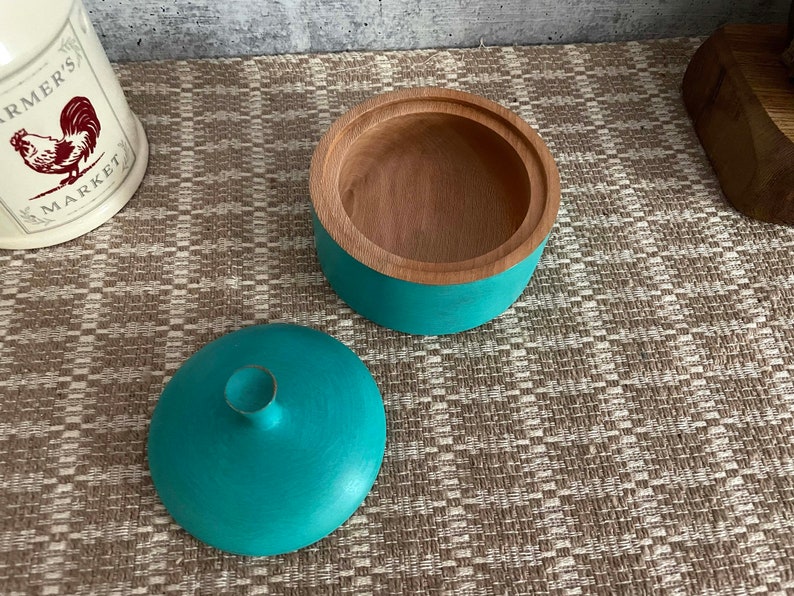 Turquoise Painted Sycamore Salt Crock/Salt Cellar/Salt Pig/Container/Lidded Bowl/Food Storage/Salt Keeper/Wood jar/Wood Bowl/Kitchen Gifts image 3