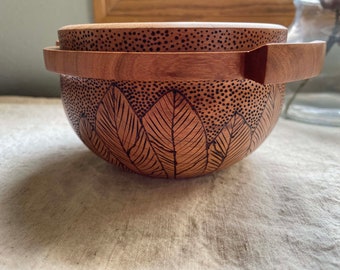 Handled Cherry Wood Bowl with Handles and Pyrography design/Eating Bowl/Cereal Bowl/Decorated Bowl/Kids Bowl/Key Holder/Gifts for her
