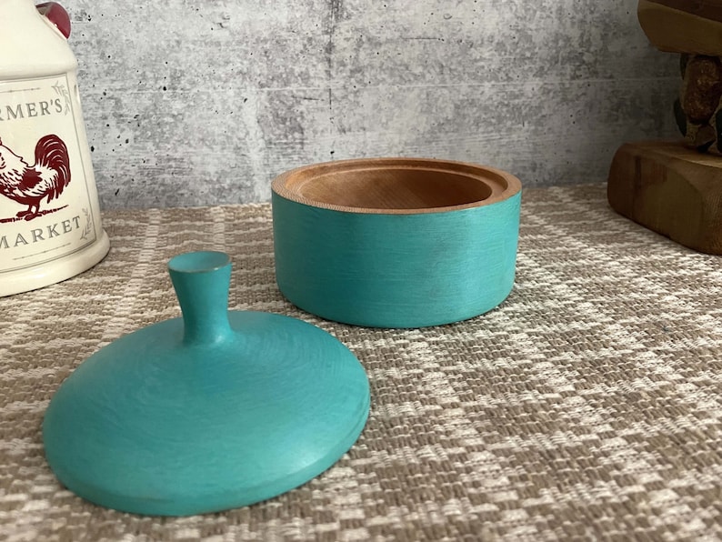 Turquoise Painted Sycamore Salt Crock/Salt Cellar/Salt Pig/Container/Lidded Bowl/Food Storage/Salt Keeper/Wood jar/Wood Bowl/Kitchen Gifts image 2