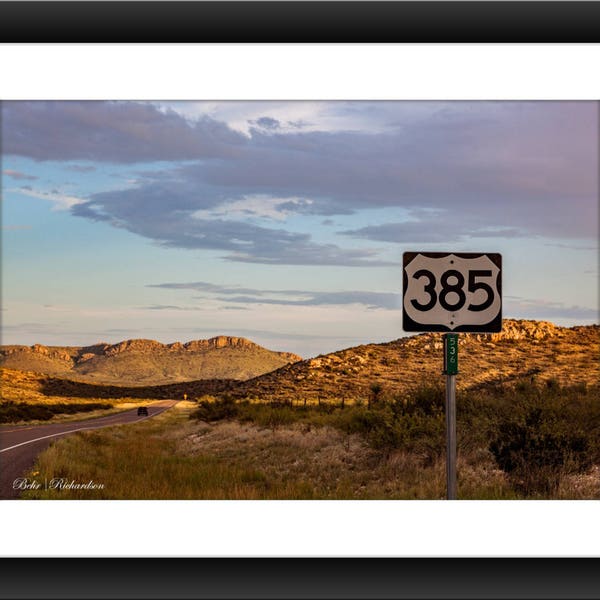 Fine Art Print of Highway 385 Sign near Marathon, Texas, West Texas, Gorgeous Sky, Photograph