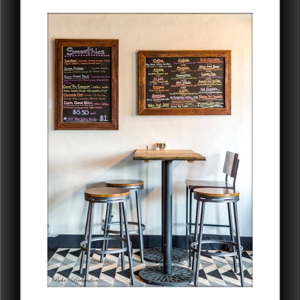 Fine Art Print of a Coffee Shop and Menu Board, Diner, Cafe, Bar Table, Stools, Photograph