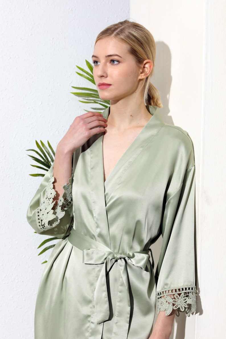 Silk Bridesmaid Robes Set/Sage Green Robe/Bride Robe/Lace Etsy