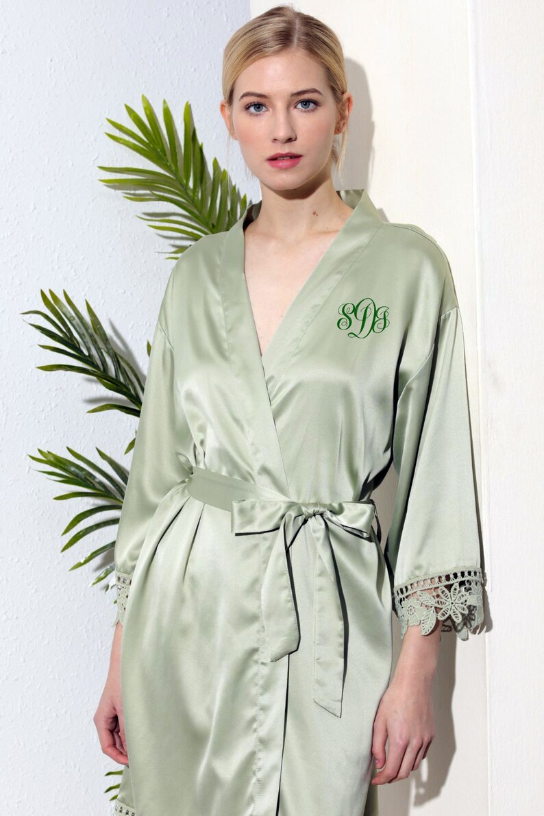 Sage Green Lace Bridal Robe/Bridesmaid Robe/Satin Robe Etsy