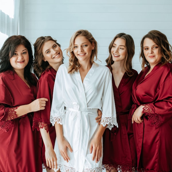 Floral Lace Bridesmaid Robes, Burgundy Robes, Bridal Robe, Bride to be Robe, Wedding Day Robe, Wedding Robe, Getting Ready Robes Silk