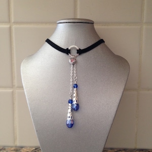 Suede cord choker necklace, Black suede cord choker necklace, Suede cord choker necklace with blue crystal dangle drops, Gift idea