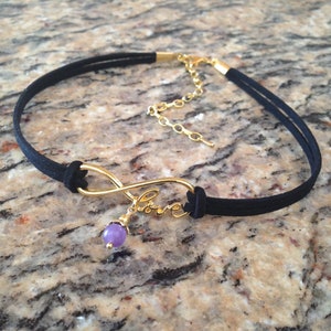 Suede cord choker necklace, suede cord love charm choker necklace, suede cord love charm and amethyst dangle charm choker necklace,Gift Idea