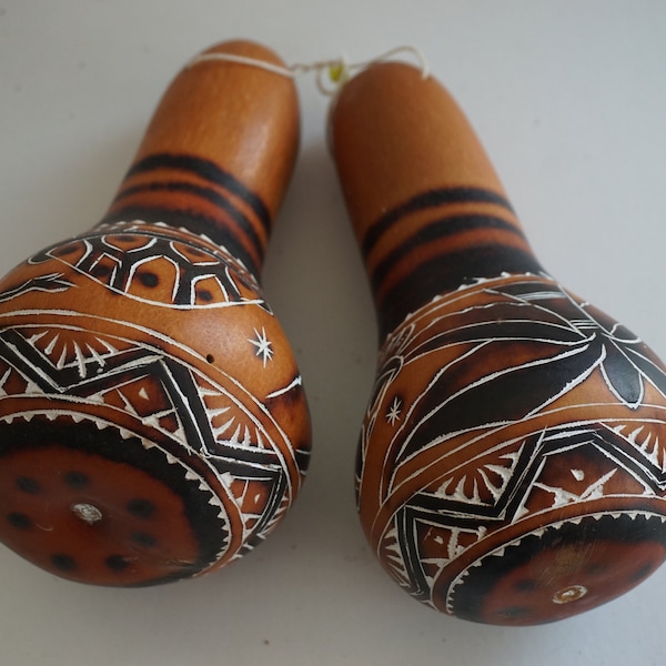 Crafted and Painted Gourd Maracas / Rattle musical instrument / Handicraft.