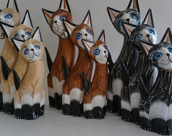 A set of three Wooden Hand carved and Hand painted cats / Handicrafts