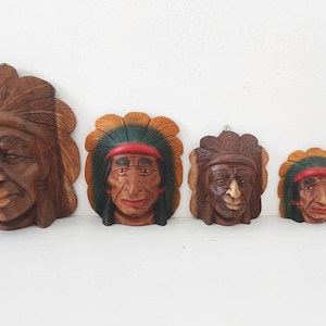 Cabeza de indio nativo tallada a mano/Escultura de cabeza de jefe/Decoración de pared/Colgante de pared.