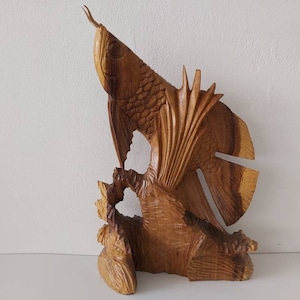 Wooden Arowana figurine. Arowana sculpture. Hand carved Arowana. Wood carving