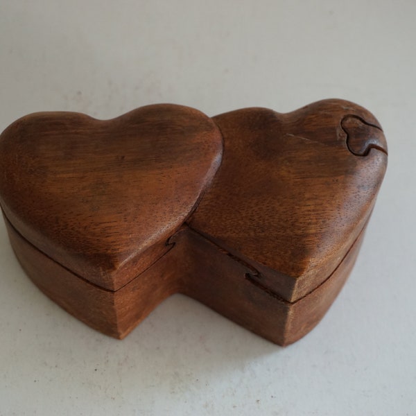 Wooden Double heart /  Puzzle Box / Secret  box /Wood Carving