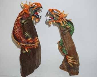 Dragon wrapped around a wood / Clay sculpture