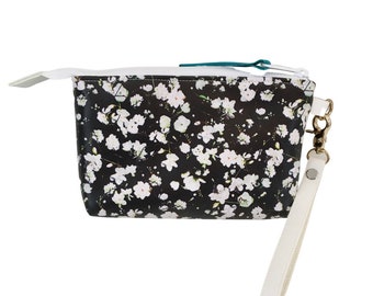 The Essential Wristlet, Black and White Floral Vinyl, Small