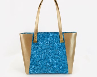 The Everyday Tote - Blue & Gold Floral with Gold Vinyl