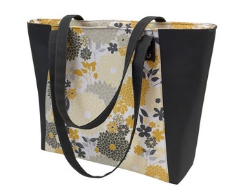 The Everyday Tote - Yellow & Gray Floral with Gray Waterproof Canvas