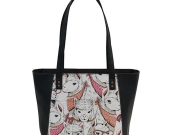 The Everyday Tote - Quirky Llamas Canvas with Black Marine Vinyl