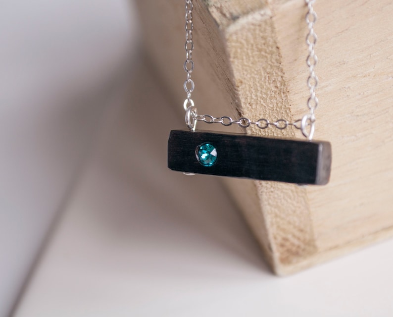Minimalist Necklace Birthstone Jewelry December Birthstone Blue Zircon Wood Bar Necklace with Antique Brass or Sterling Silver Chain