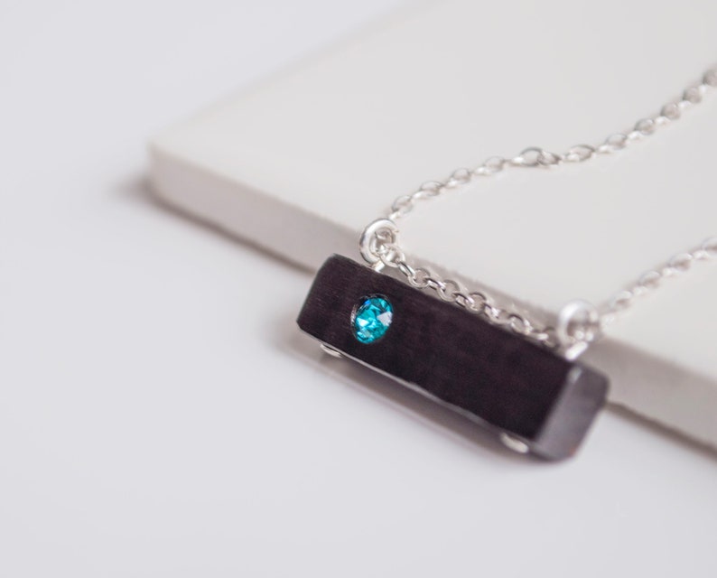 Minimalist Necklace Birthstone Jewelry December Birthstone Blue Zircon Wood Bar Necklace with Antique Brass or Sterling Silver Chain
