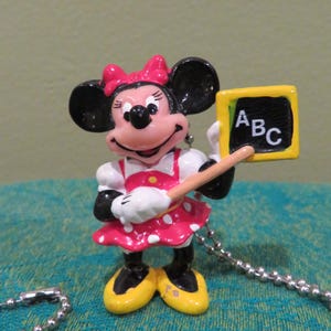 Peut inclure: Un collier pendentif Minnie Mouse. Le pendentif repr&eacute;sente Minnie Mouse tenant un tableau avec "ABC" dessus. Minnie porte une robe &agrave; pois rouges et blancs, un n&oelig;ud rose et des chaussures jaunes. Le collier a une cha&icirc;ne &agrave; billes argent&eacute;e.