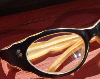 Vintage 1950's Black Cat-Eyeglasses with Star Accents, Frames Only