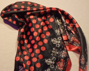 Vintage 1980's Red Polka Dot Paisley Silk Scarf