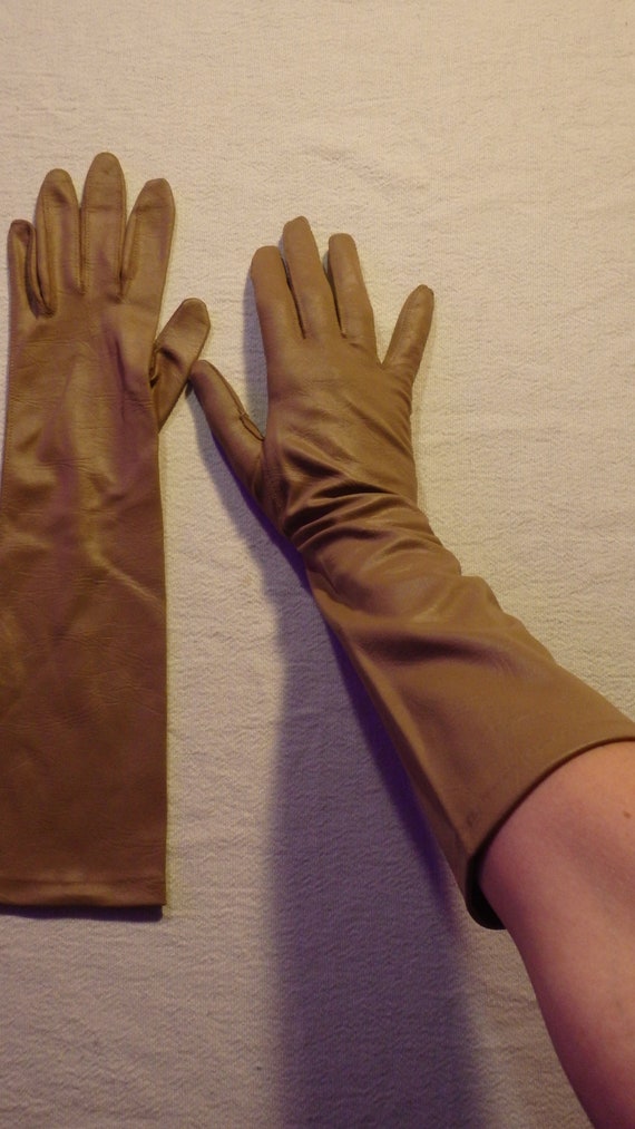 Vintage 1950's Nylon Elbow Length Caramel Gloves … - image 2