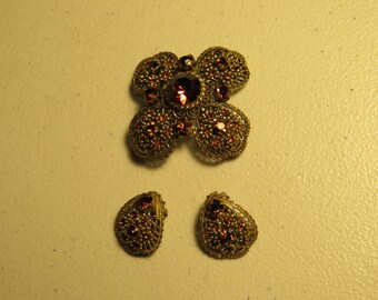 Vintage 1940's Filigree Brooch and Clip-On Earring Set with Amber Colored Stones